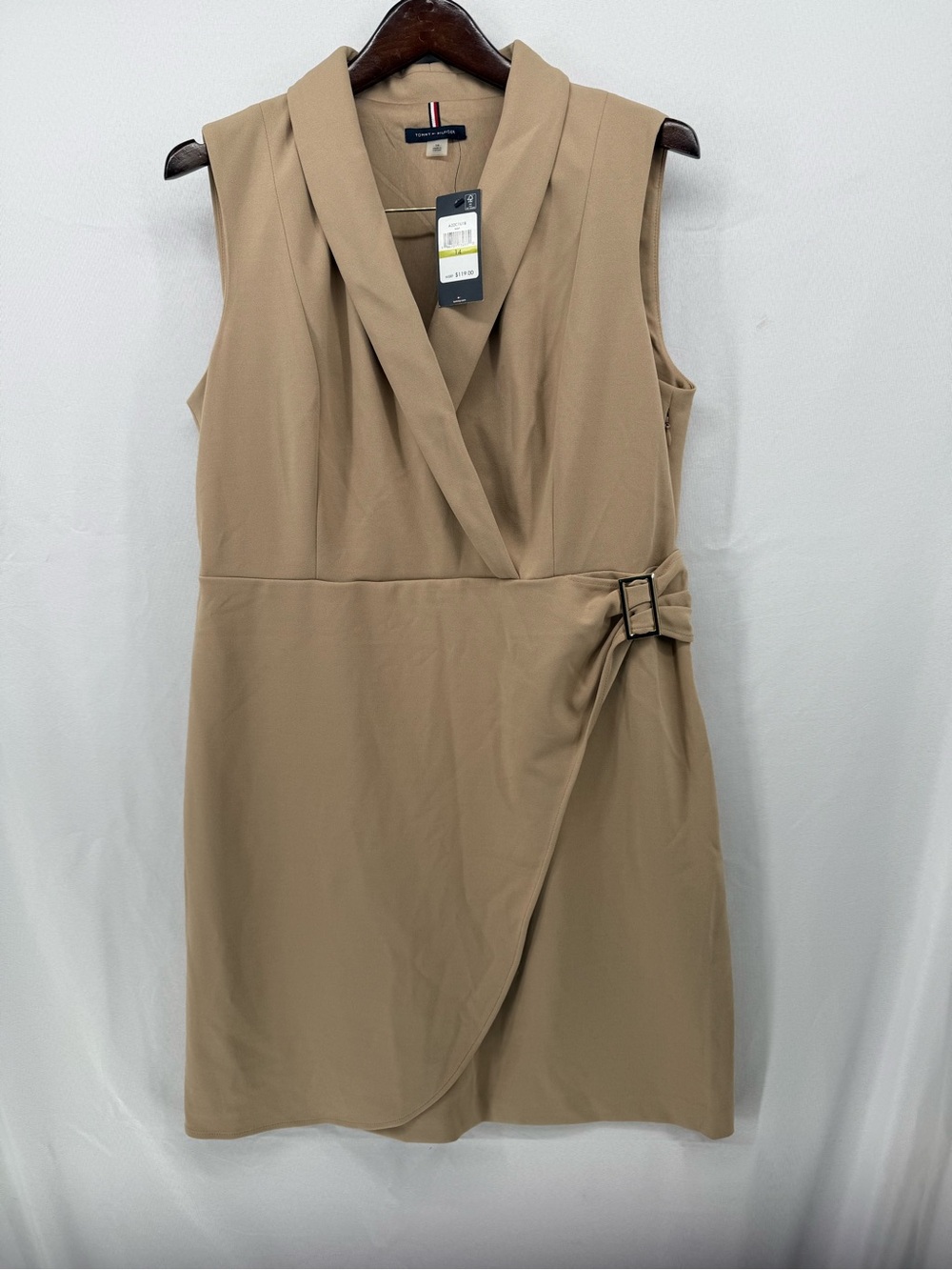 Tommy Hilfiger Taupe Sleeveless Wrap Dress with Side Buckle